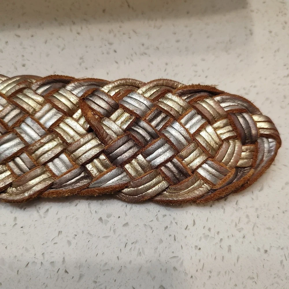 Preston & York Belt Sz Small Leather Tan Gold Braided Brass Ring Buckle Boho